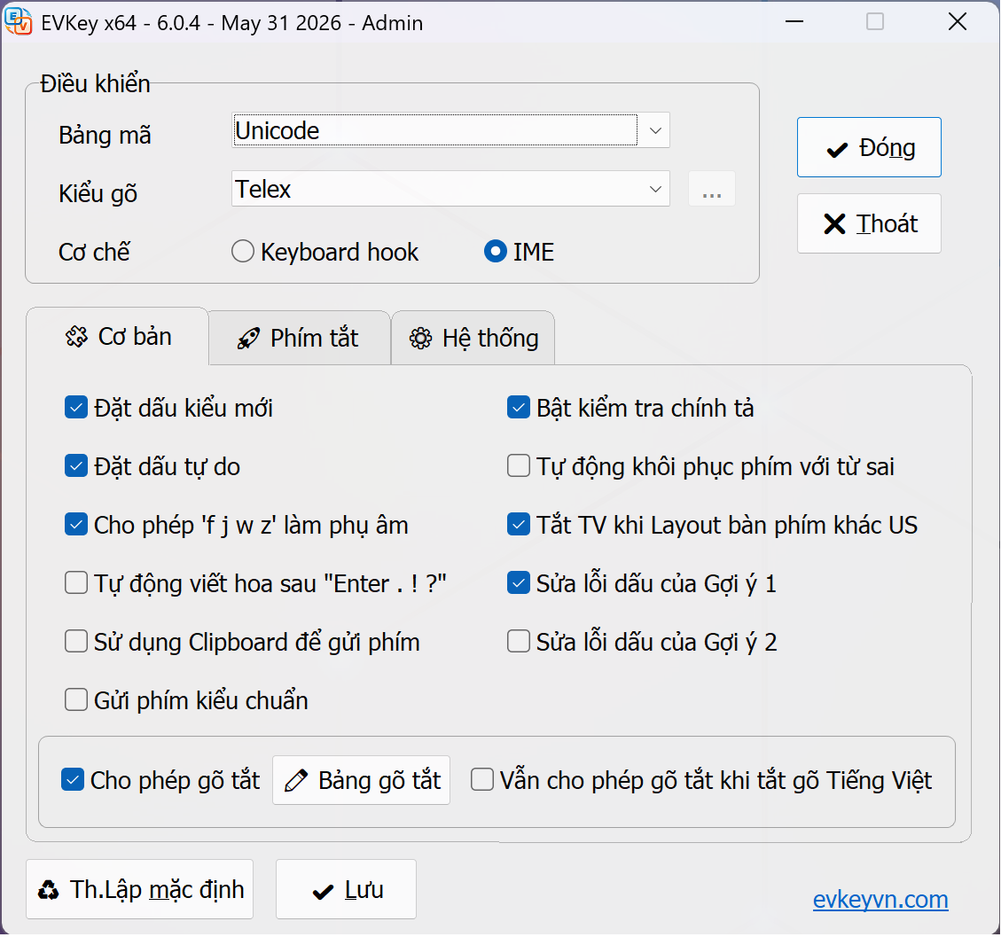 Giao diện EVKey - tab Cơ bản
