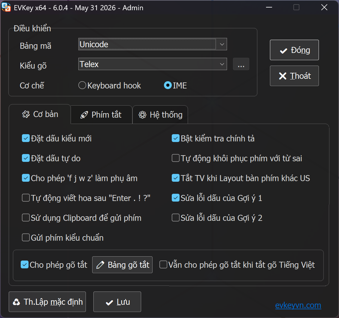 Giao diện EVKey - tùy chọn gõ tiếng Việt